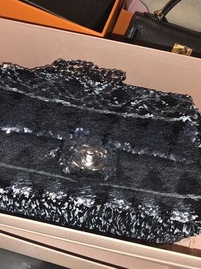CHANEL Black Sequin Shoulder Bag with Silver CC**RARE** COLLECTORS